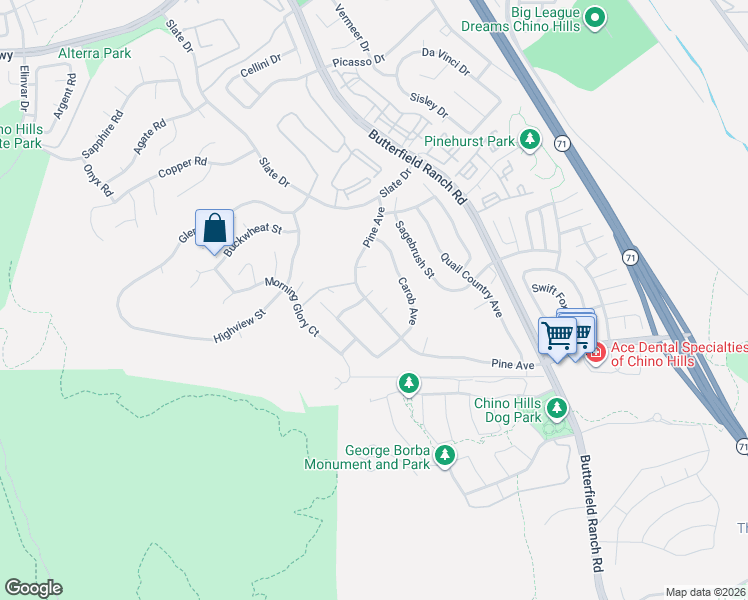 map of restaurants, bars, coffee shops, grocery stores, and more near 5383 Buttonwood Court in Chino Hills