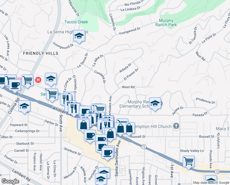 map of restaurants, bars, coffee shops, grocery stores, and more near 9803 Santa Gertrudes Avenue in Whittier