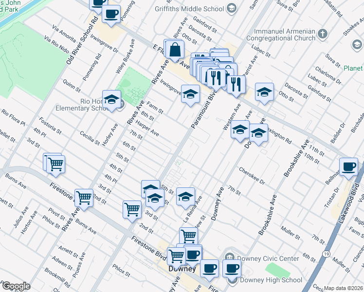 map of restaurants, bars, coffee shops, grocery stores, and more near 10520 Paramount Boulevard in Downey