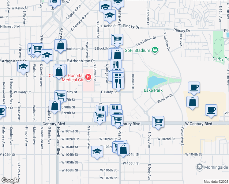 map of restaurants, bars, coffee shops, grocery stores, and more near in Inglewood