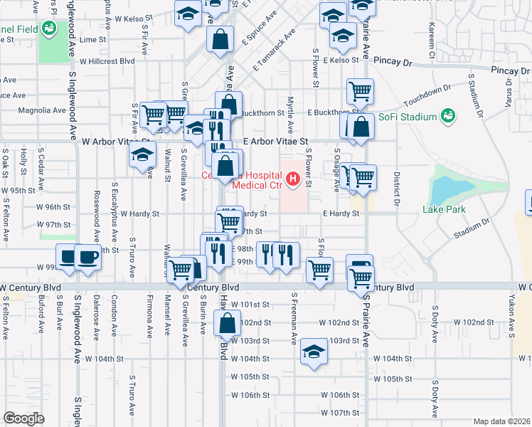 map of restaurants, bars, coffee shops, grocery stores, and more near 421 East Hardy Street in Inglewood