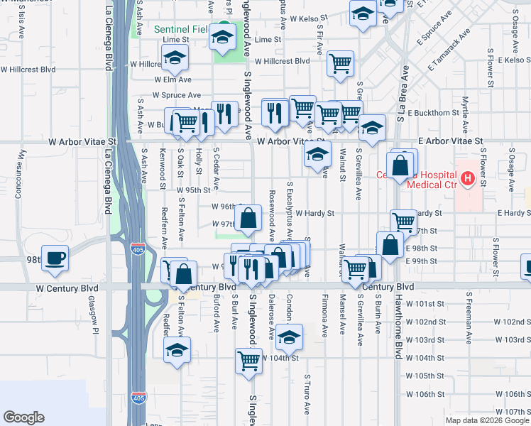 map of restaurants, bars, coffee shops, grocery stores, and more near 1041 Rosewood Avenue in Inglewood