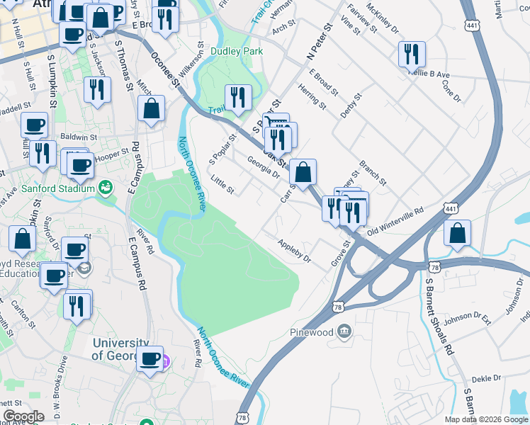 map of restaurants, bars, coffee shops, grocery stores, and more near 950 Oconee Street in Athens