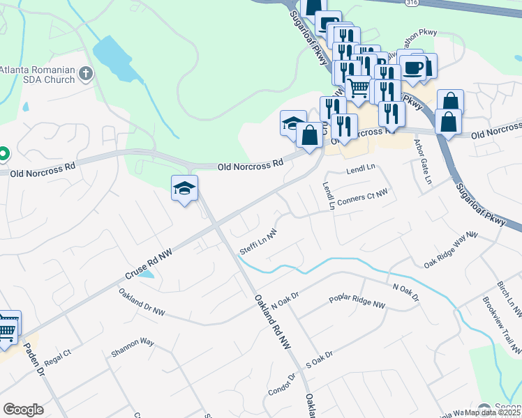 map of restaurants, bars, coffee shops, grocery stores, and more near 2100 Champions Parkway Northwest in Lawrenceville