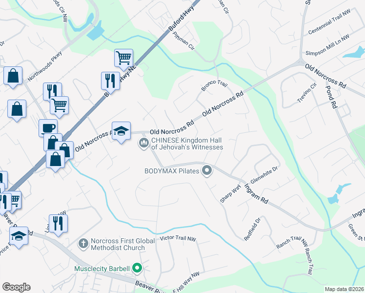 map of restaurants, bars, coffee shops, grocery stores, and more near 5062 Micaela Way in Duluth