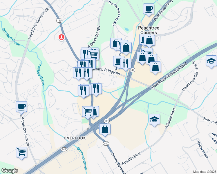 map of restaurants, bars, coffee shops, grocery stores, and more near 1531 Holcomb Bridge Road in Peachtree Corners