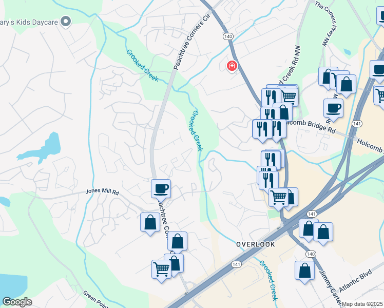 map of restaurants, bars, coffee shops, grocery stores, and more near 702 Glenleaf Drive in Norcross