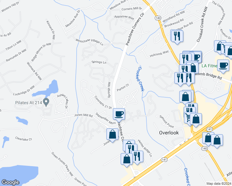 map of restaurants, bars, coffee shops, grocery stores, and more near 12100 Springs Lane in Peachtree Corners