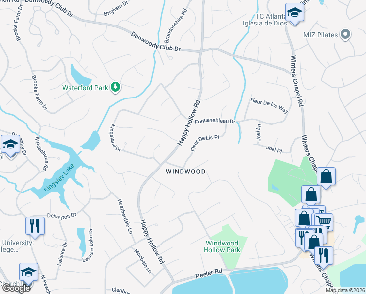 map of restaurants, bars, coffee shops, grocery stores, and more near 5201 Happy Hollow Road in Atlanta