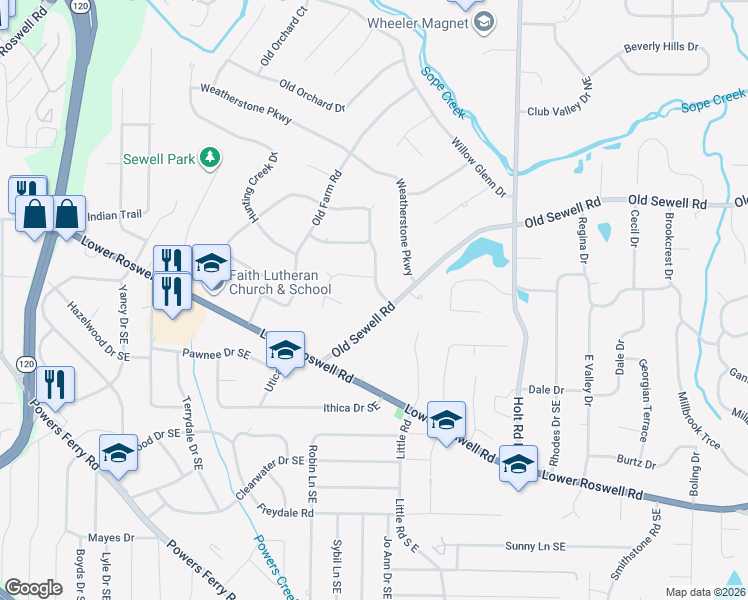 map of restaurants, bars, coffee shops, grocery stores, and more near 24 Ashton Woods Drive in Marietta