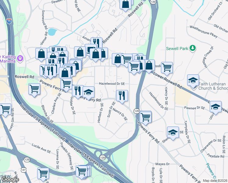 map of restaurants, bars, coffee shops, grocery stores, and more near 1714 Hazelwood Drive Southeast in Marietta