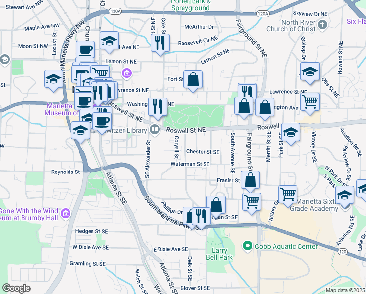 map of restaurants, bars, coffee shops, grocery stores, and more near 64 Emerson Hill Square in Marietta