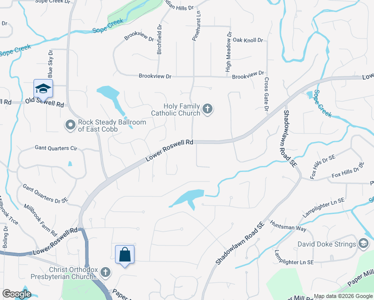 map of restaurants, bars, coffee shops, grocery stores, and more near 3342 Lower Roswell Road in Marietta