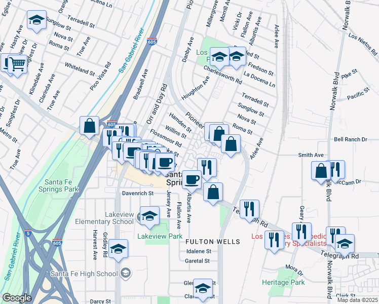 map of restaurants, bars, coffee shops, grocery stores, and more near 9800 Jersey Avenue in Santa Fe Springs