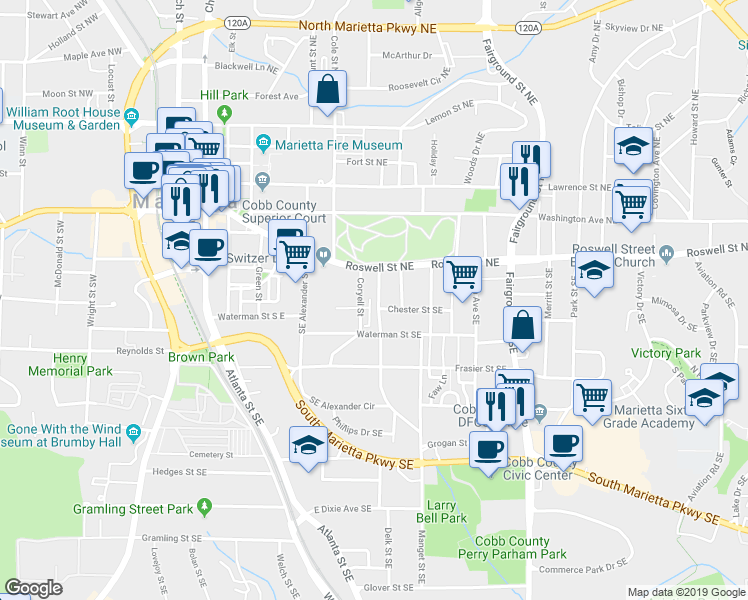 map of restaurants, bars, coffee shops, grocery stores, and more near 64 Emerson Hill Square in Marietta