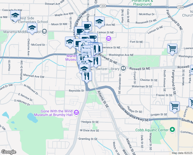 map of restaurants, bars, coffee shops, grocery stores, and more near 89-127 Atlanta Street Southeast in Marietta