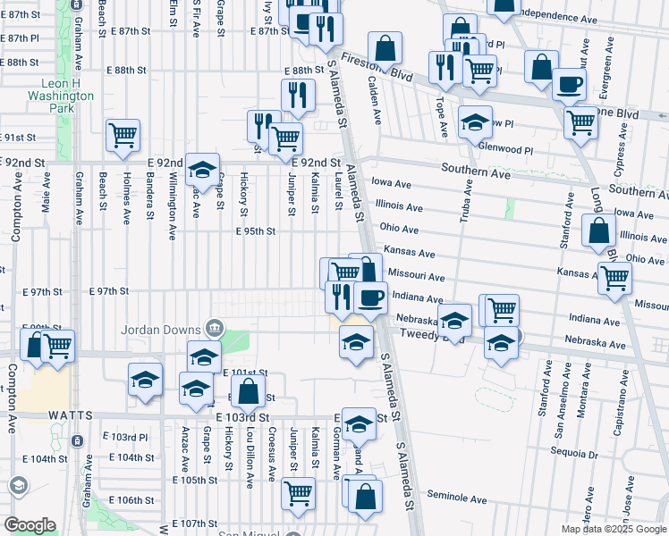 map of restaurants, bars, coffee shops, grocery stores, and more near 9613 Laurel Street in Los Angeles