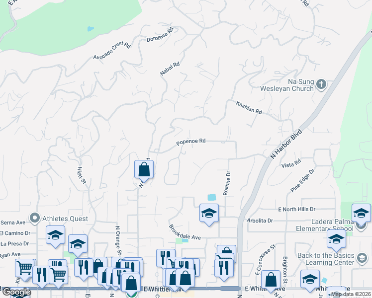 map of restaurants, bars, coffee shops, grocery stores, and more near 270 Flowerfield Lane in La Habra Heights