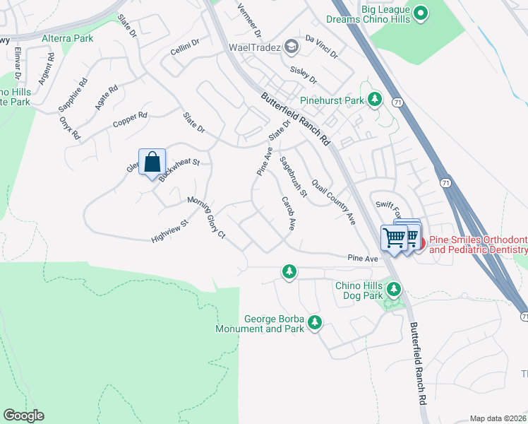 map of restaurants, bars, coffee shops, grocery stores, and more near 5371 Buttonwood Court in Chino Hills