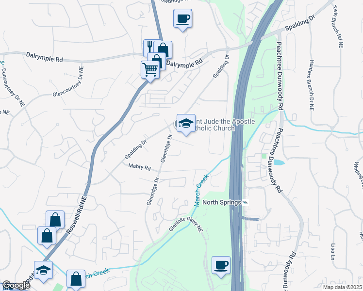 map of restaurants, bars, coffee shops, grocery stores, and more near 275 Brackenwood Circle Northeast in Atlanta