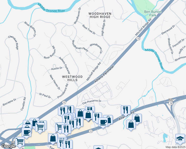 map of restaurants, bars, coffee shops, grocery stores, and more near 825 Mitchell Bridge Road in Athens