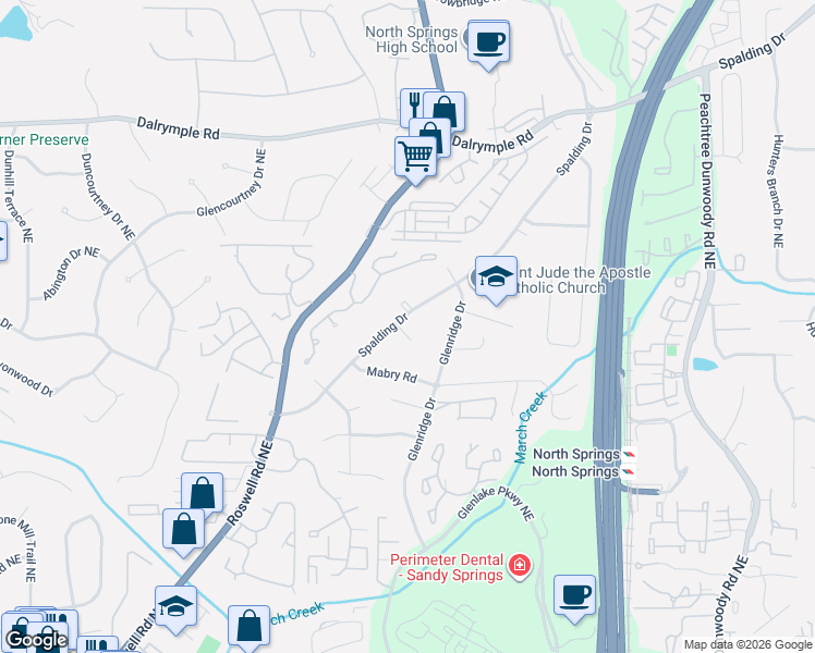 map of restaurants, bars, coffee shops, grocery stores, and more near 635 Spalding Drive in Sandy Springs