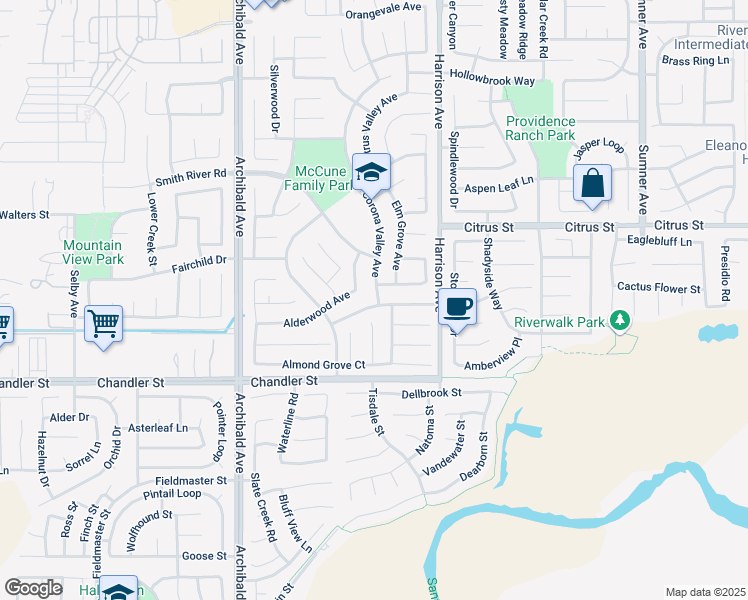 map of restaurants, bars, coffee shops, grocery stores, and more near 13902 Star Ruby Avenue in Corona