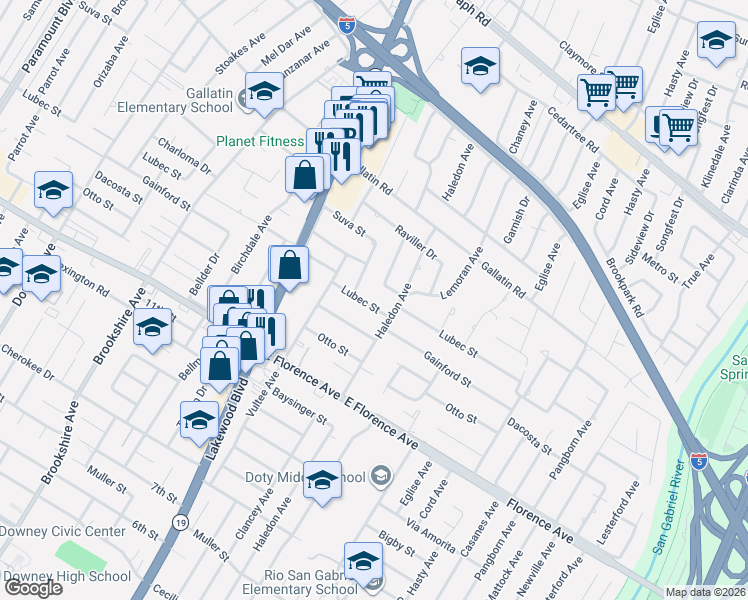 map of restaurants, bars, coffee shops, grocery stores, and more near 9123 Lubec Street in Downey