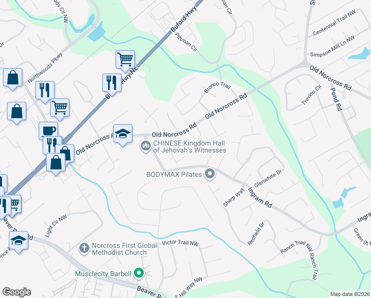 map of restaurants, bars, coffee shops, grocery stores, and more near 5062 Micaela Way in Duluth