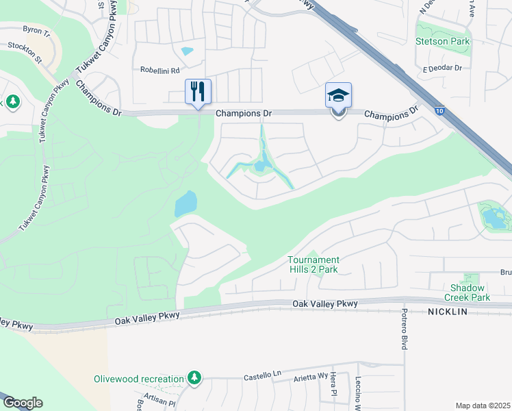 map of restaurants, bars, coffee shops, grocery stores, and more near 36301 Bay Hill Drive in Beaumont