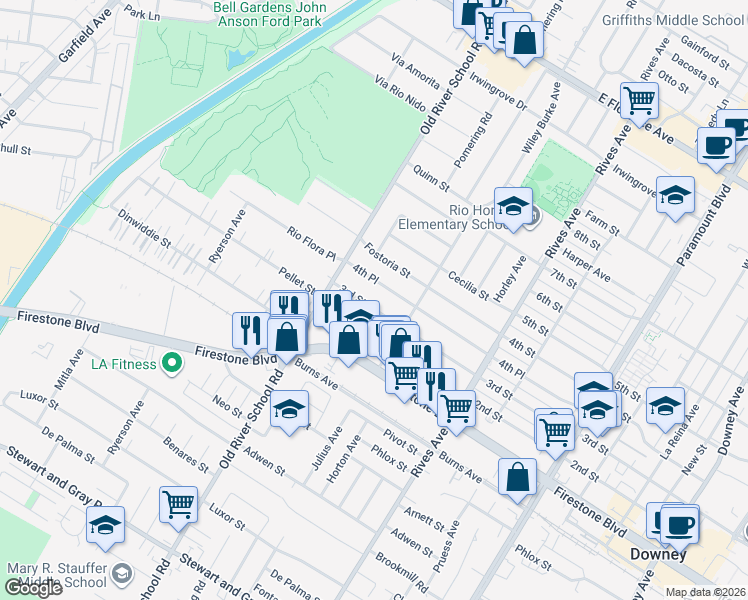 map of restaurants, bars, coffee shops, grocery stores, and more near 7435 3rd Street in Downey