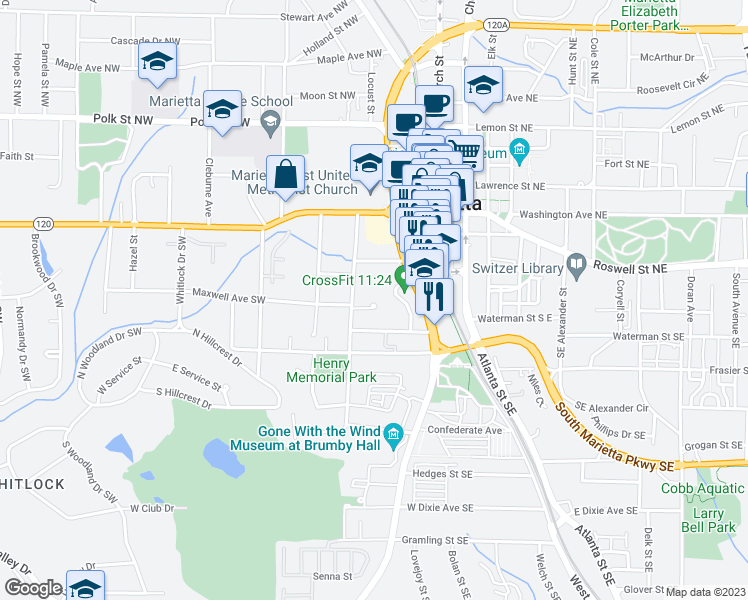 map of restaurants, bars, coffee shops, grocery stores, and more near 48 Maxwell Avenue Southwest in Marietta