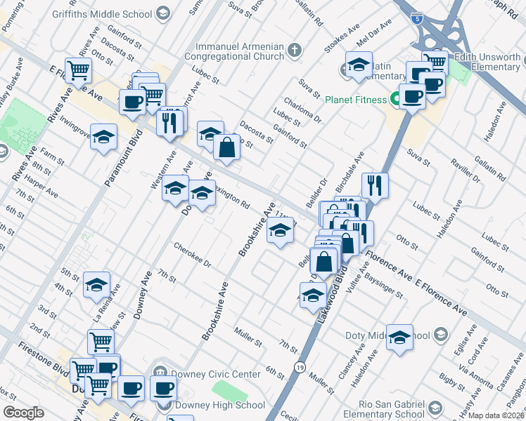 map of restaurants, bars, coffee shops, grocery stores, and more near 8435 Lexington Road in Downey