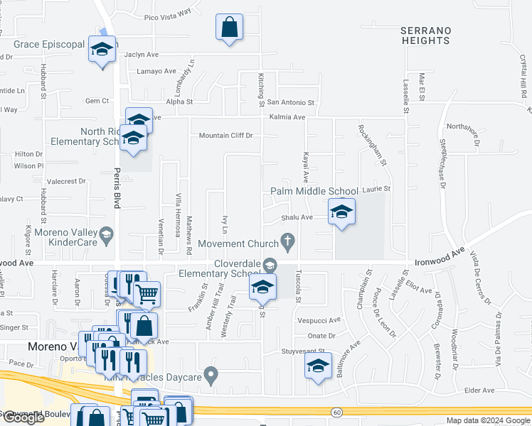 map of restaurants, bars, coffee shops, grocery stores, and more near 25511 Tangerine Road in Moreno Valley