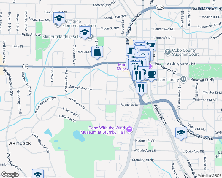 map of restaurants, bars, coffee shops, grocery stores, and more near 99 McDonald Street Southwest in Marietta