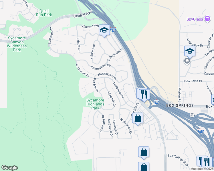 map of restaurants, bars, coffee shops, grocery stores, and more near 5550 Allendale Drive in Riverside