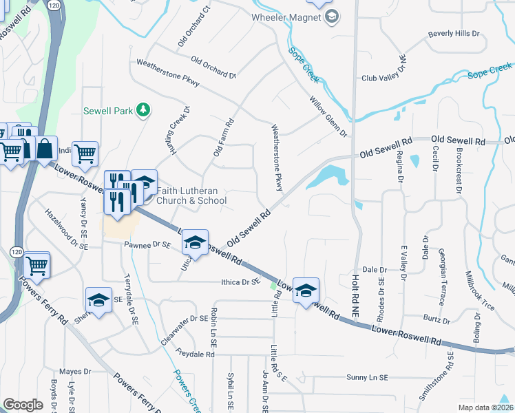 map of restaurants, bars, coffee shops, grocery stores, and more near 24 Ashton Woods Drive in Marietta