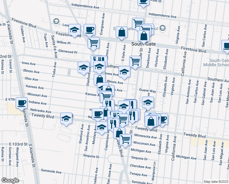 map of restaurants, bars, coffee shops, grocery stores, and more near 9434 Garden View Avenue in South Gate