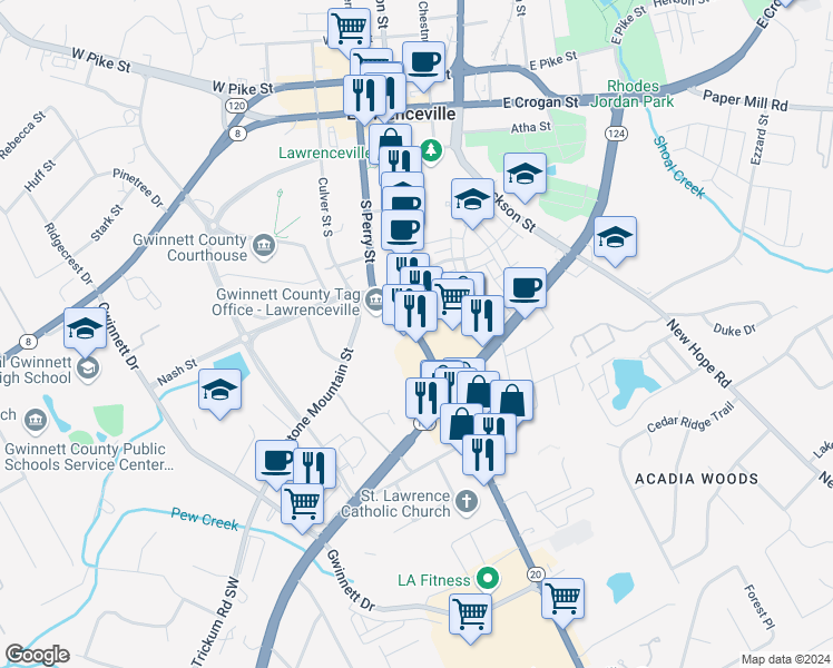 map of restaurants, bars, coffee shops, grocery stores, and more near 1361 South Clayton Street in Lawrenceville