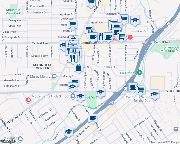 map of restaurants, bars, coffee shops, grocery stores, and more near 6715 De Anza Avenue in Riverside