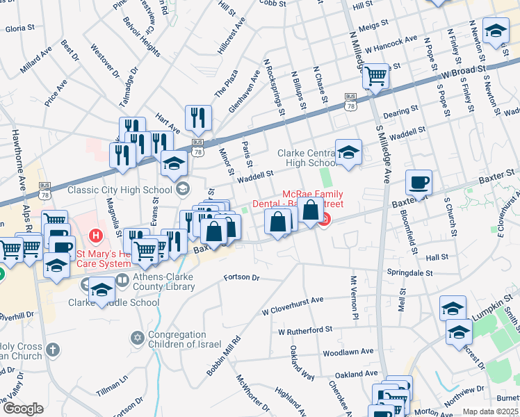 map of restaurants, bars, coffee shops, grocery stores, and more near 183 Henderson Extension in Athens
