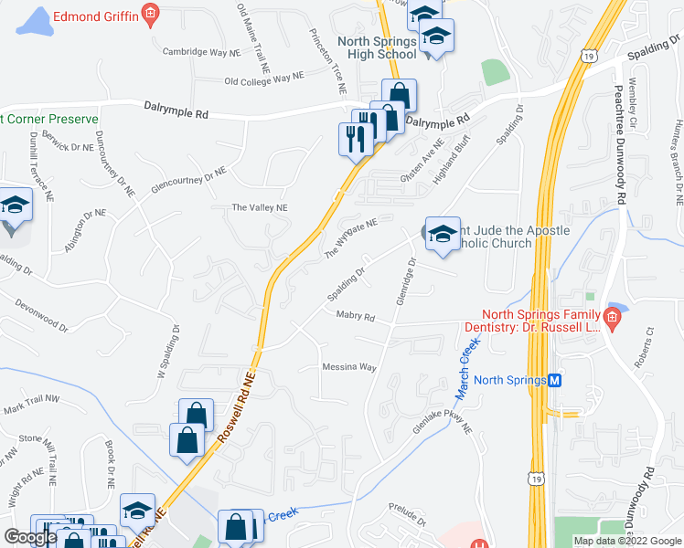 map of restaurants, bars, coffee shops, grocery stores, and more near 610 Spalding Drive in Atlanta