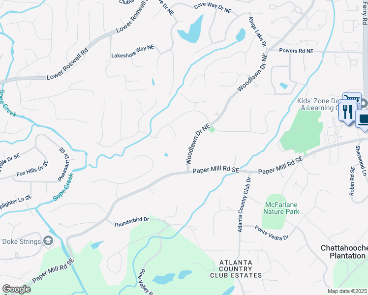 map of restaurants, bars, coffee shops, grocery stores, and more near 3 Woodlawn Drive Northeast in Marietta