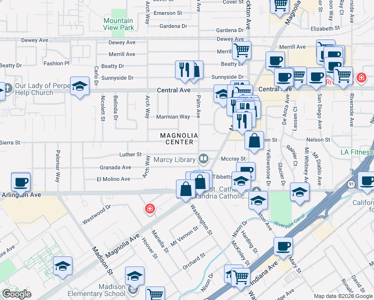 map of restaurants, bars, coffee shops, grocery stores, and more near 6807 Palm Avenue in Riverside