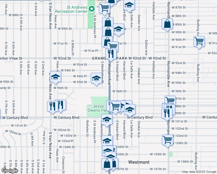 map of restaurants, bars, coffee shops, grocery stores, and more near 9509 South Western Avenue in Los Angeles