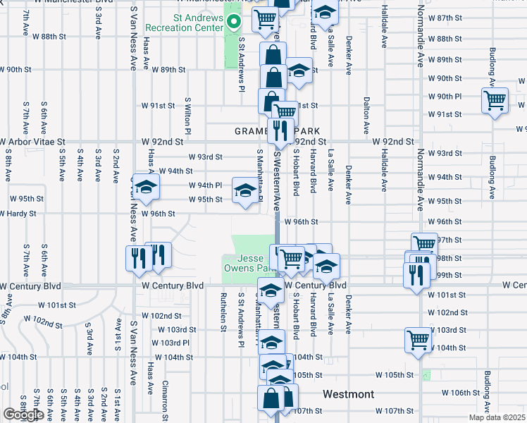 map of restaurants, bars, coffee shops, grocery stores, and more near 9509 South Western Avenue in Los Angeles