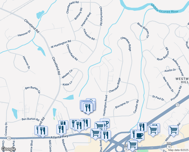 map of restaurants, bars, coffee shops, grocery stores, and more near 201 Mountain Laurel Run in Athens
