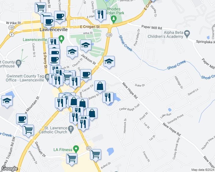 map of restaurants, bars, coffee shops, grocery stores, and more near 239 New Hope Road in Lawrenceville
