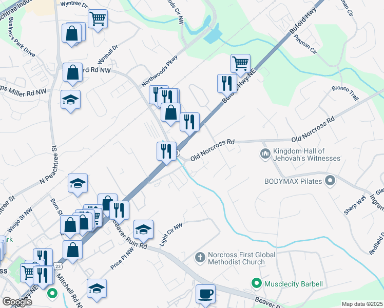 map of restaurants, bars, coffee shops, grocery stores, and more near 5237 Old Norcross Road in Norcross