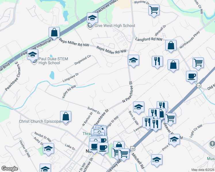 map of restaurants, bars, coffee shops, grocery stores, and more near 441 Moore Lane in Norcross